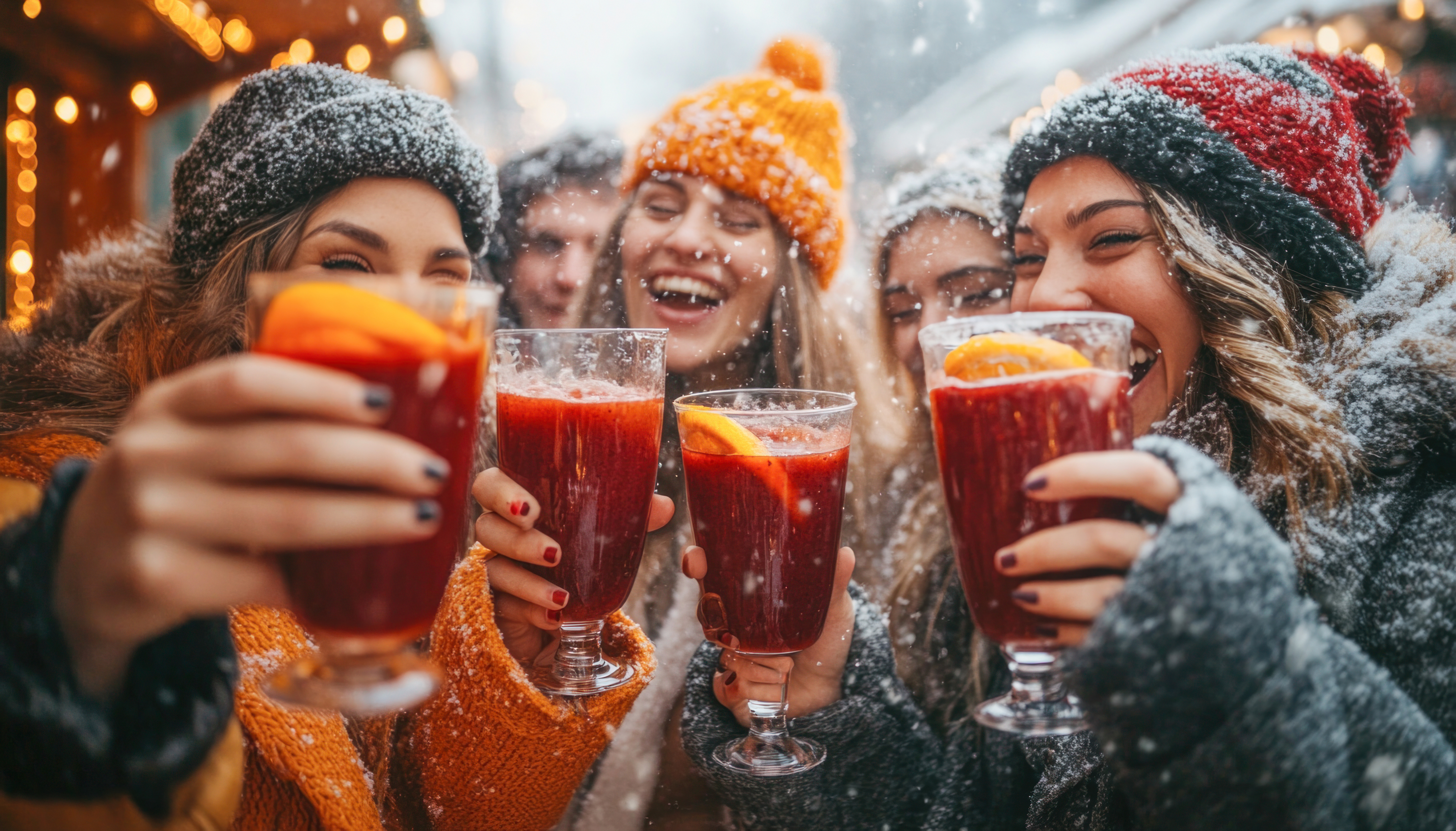 Fröhliche Freundesgruppe mit Glühwein bei Schneefall auf dem Weihnachtsmarkt